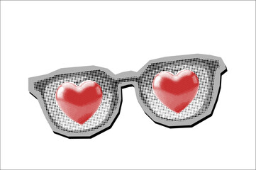 Collage element of glasses with red hearts inside the lenses, halftone newspaper style on transparent background, romantic vision concept, hand drawn illustration