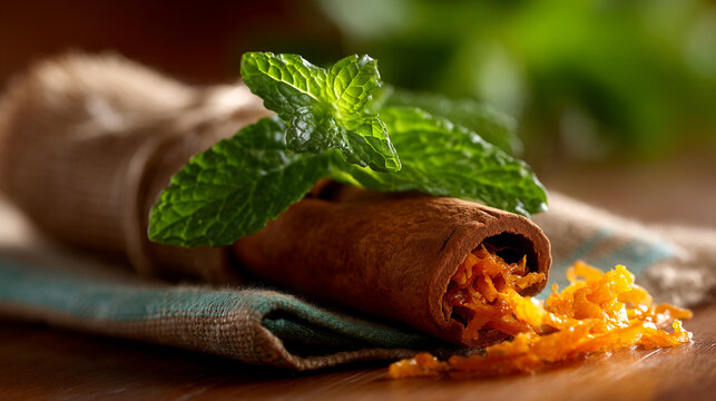 Close up of single cinnamon stick stuffed with orange zest and fresh mint leaves on cloth