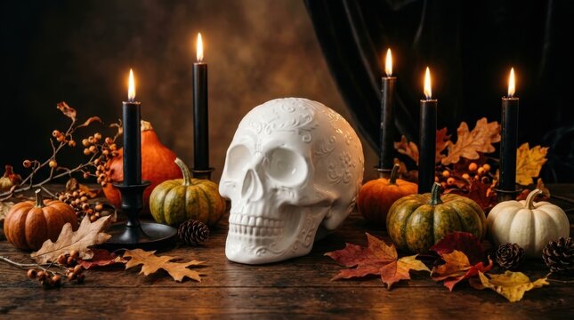 Gothic Halloween Still Life with Skull and Candles
