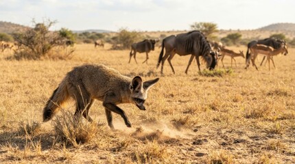Naklejka premium Bat-eared fox hunts in the African savanna with wildebeest and antelopes nearby