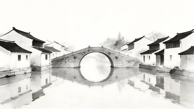 Traditional Chinese stone arch bridge over canal with white-walled houses and misty background