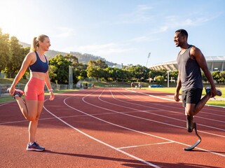 Obraz premium Athletes Warming Up: A female athlete and a male athlete with a prosthetic leg stretching on a running track under the warm sun, showcasing determination and inclusivity in sports.