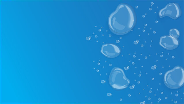 Transparent water droplets resting on a smooth vibrant blue gradient background creating a refreshing and clean aesthetic look for modern digital projects and artistic print designs