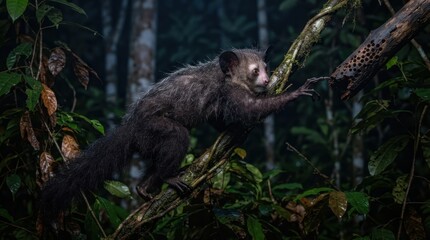 Naklejka premium Aye-aye primate foraging for insects in a dark, lush rainforest at night