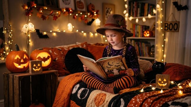 Child Reading Storybook in Cozy Halloween Room