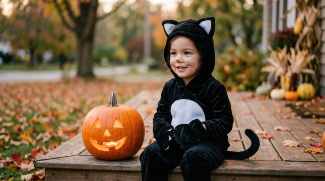 Toddler in Black Cat Costume Sitting Outdoors