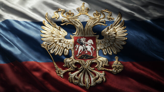 russian flag with double headed eagle waving