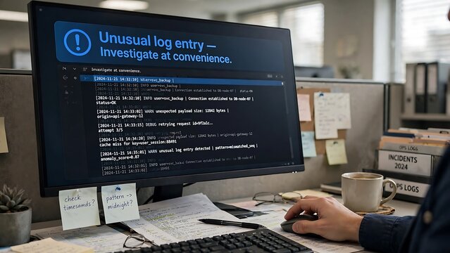 Cybersecurity Analyst Investigating Unusual Log Entry on Computer