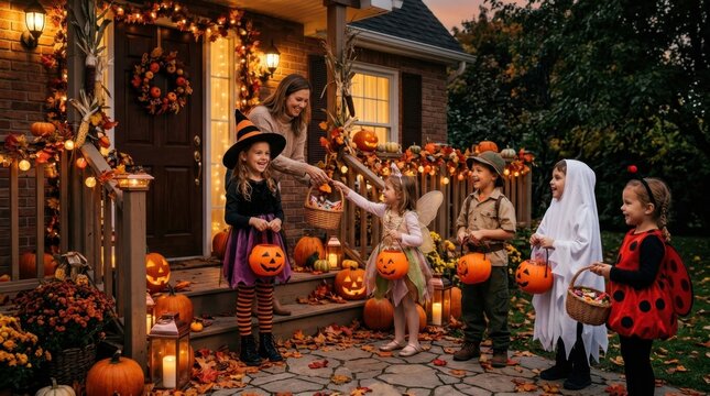 Children in Halloween Costumes on House Porch