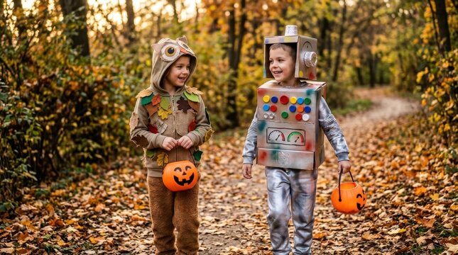 Two Kids in Robot Costumes Walking Outdoors