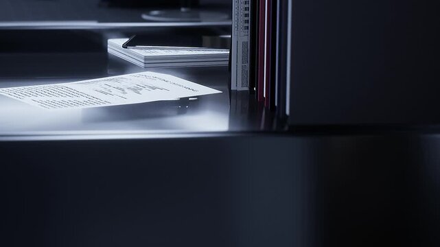 A desk in an office shows a sheet of paper along with some neatly arranged books and a small notebook. This setting appears to be for work tasks or meetings in the afternoon.