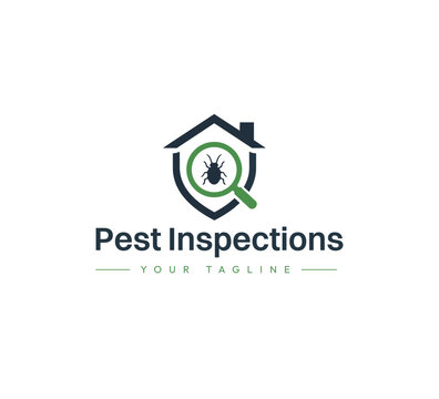Modern Minimalist Pest Control Logo Design, House Inspection Emblem with Insect and Magnifying Glass for Pest Management, Extermination, Termite Treatment, Property Protection and Home Services