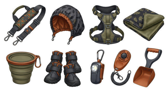 Collection of essential pet accessories and outdoor gear including harness boots and collapsible bowl for hiking adventures transparent background