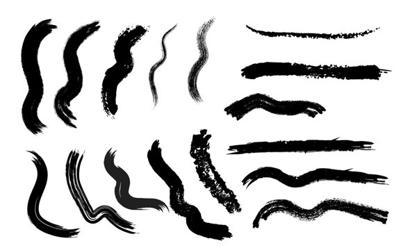 Set of black ink brush strokes and vertical wavy lines illustration