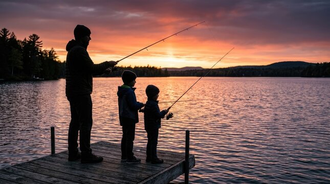 Silhouette of a father and sons fishing from a wooden dock at sunset on a lake