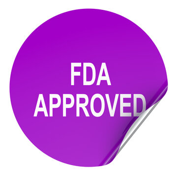 Purple FDA approved sticker with peeled corner. 3D rendering