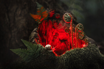 Snail by glowing red tree hollow fantasy scene © Oleksandr