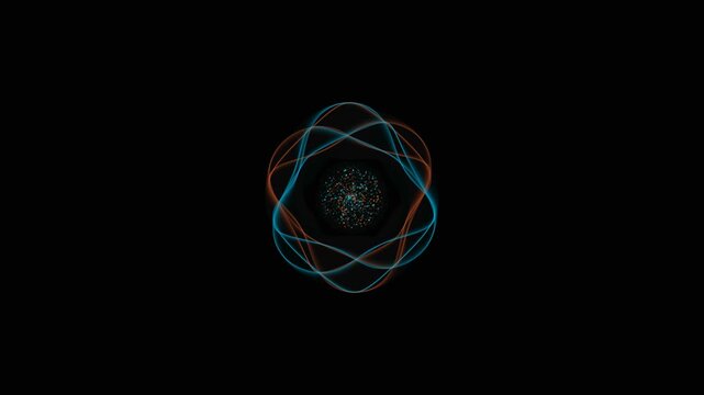 Glowing abstract atom structure swirling in rhythmic motion for professional digital technology motion background video footage