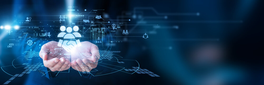 Manager holding the tablet Customer Relationship Management system client database sales tracking service support business communication marketing strategy customer care software.