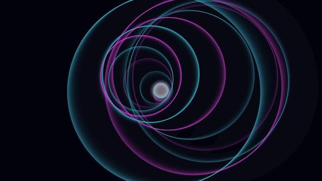 Neon glowing circular ring patterns swirling in mesmerizing motion for abstract digital background animation video loop