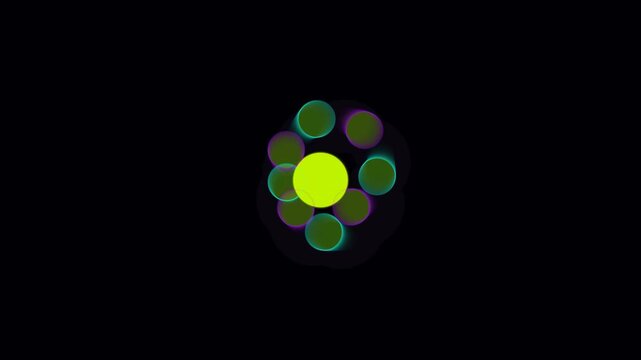 Rotating neon circle animation features glowing spheres moving in a vibrant geometric floral pattern motion clip