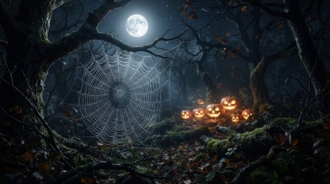Large Spider Web in Dark Spooky Forest