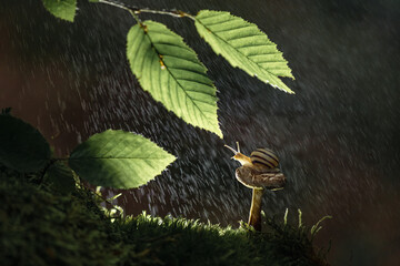 Snail on mushroom in the rain fantasy scene © Oleksandr