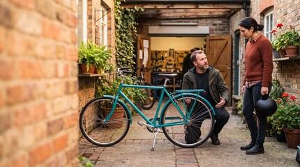 Obraz premium Cycling instructor guides commuter bicycle care outdoors