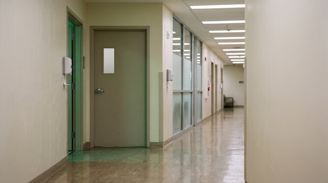 Quiet hospital corridor and closed door before a superbug surge