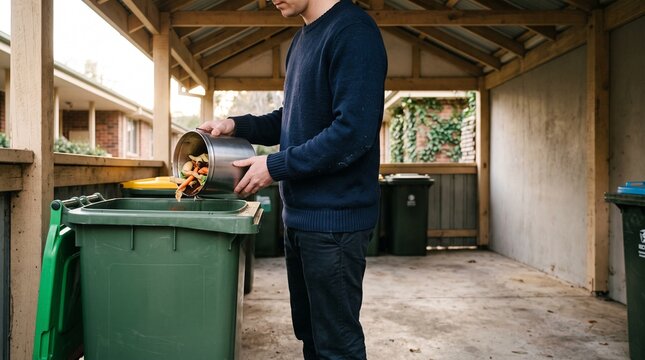 Tenant empties kitchen caddy at compost collection point