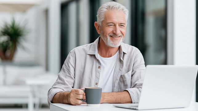 Senior man with gray hair smiles while holding a coffee cup and using a laptop at a bright indoor workspace with plants in the background