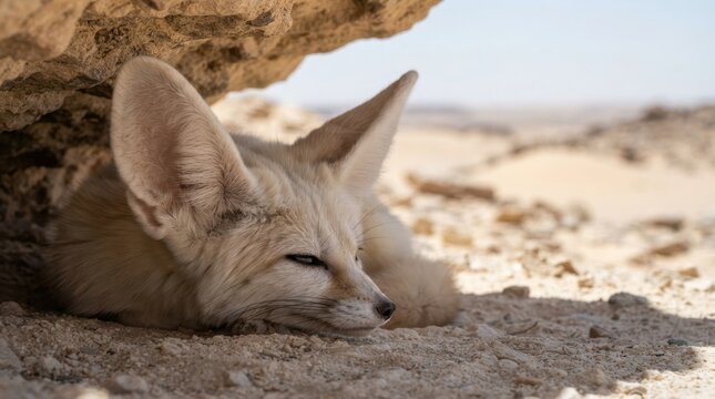 Fennec fox with large ears rests in the shade of a desert rock formation