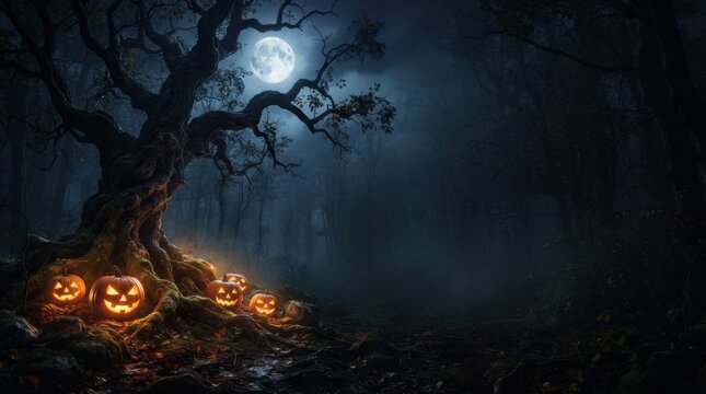 Gnarled Tree and Jack O Lanterns at Night