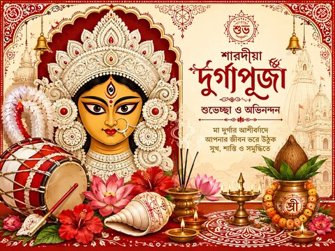 Festive Durga Puja greeting with ornamental elements - ai generative