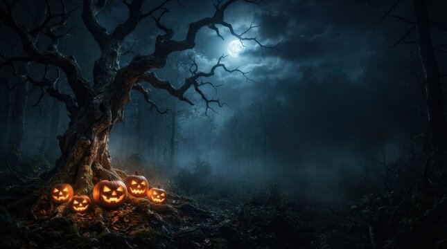 Old Spooky Tree with Carved Pumpkins in Woods