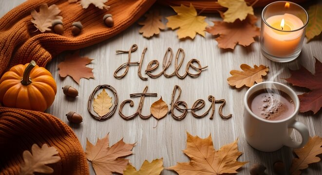 Cozy autumn flat lay with hello october text made of twigs, pumpkin, warm scarf, steaming coffee mug, and fall leaves on a wooden background