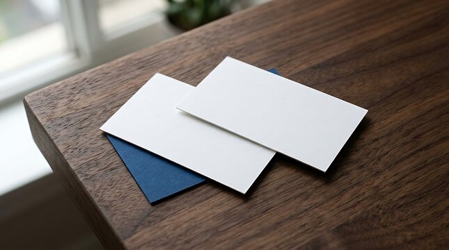 Blank white business cards stacked on a dark wooden desk