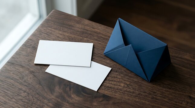 Blank business cards with a blue origami paper envelope on a dark wooden desk