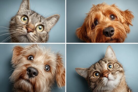 Cute dogs and cats peeking from corners on blue background template, Vector illustration of funny cats and dogs peeking from edges with copy space on light blue background for pet care frame.