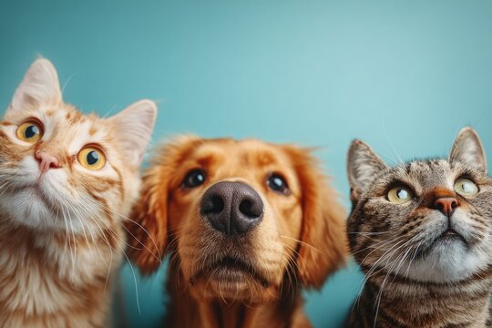 Cute dogs and cats peeking from corners on blue background template, Vector illustration of funny cats and dogs peeking from edges with copy space on light blue background for pet care frame.