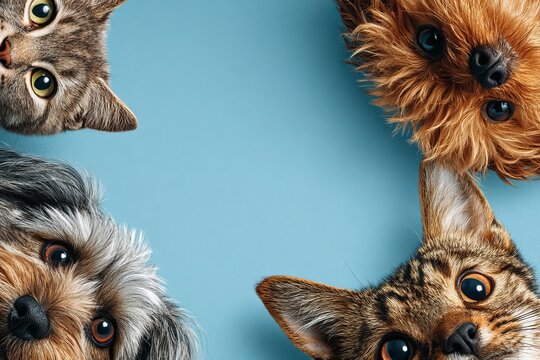 Cute dogs and cats peeking from corners on blue background template, Vector illustration of funny cats and dogs peeking from edges with copy space on light blue background for pet care frame.