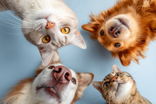 Cute dogs and cats peeking from corners on blue background template, Vector illustration of funny cats and dogs peeking from edges with copy space on light blue background for pet care frame.