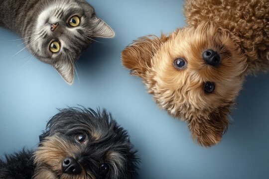 Cute dogs and cats peeking from corners on blue background template, Vector illustration of funny cats and dogs peeking from edges with copy space on light blue background for pet care frame.