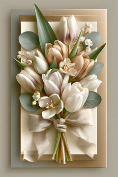 Bouquet of white and soft pink tulips with green leaves arranged on a flat surface