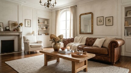 Fototapeta premium Cozy living room with leather sofa, fireplace, and natural light