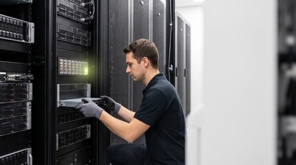 Fototapeta premium IT technician installing server hardware in a data center rack