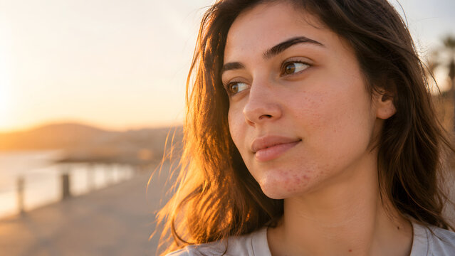 Young woman with visible acne-prone skin stands beside a waterfront in soft sunset light.