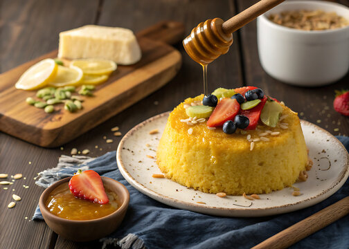 Cape Verde Cuscuz sweet corn cake with honey drizzle, rustic tabletop