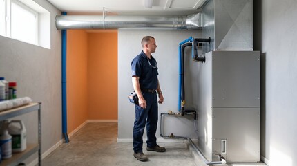Fototapeta premium Technician inspects a residential air handler system