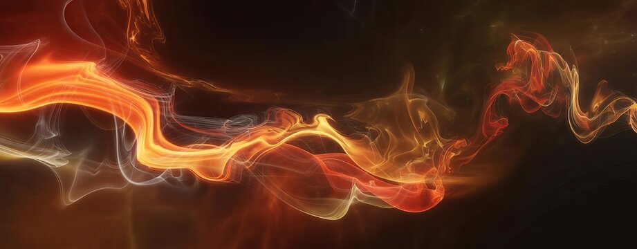 Abstract flowing smoke or liquid waves with vibrant orange and red colors swirling against a dark background, creating a dynamic, and energetic visual, effect for artistic, backgrounds 